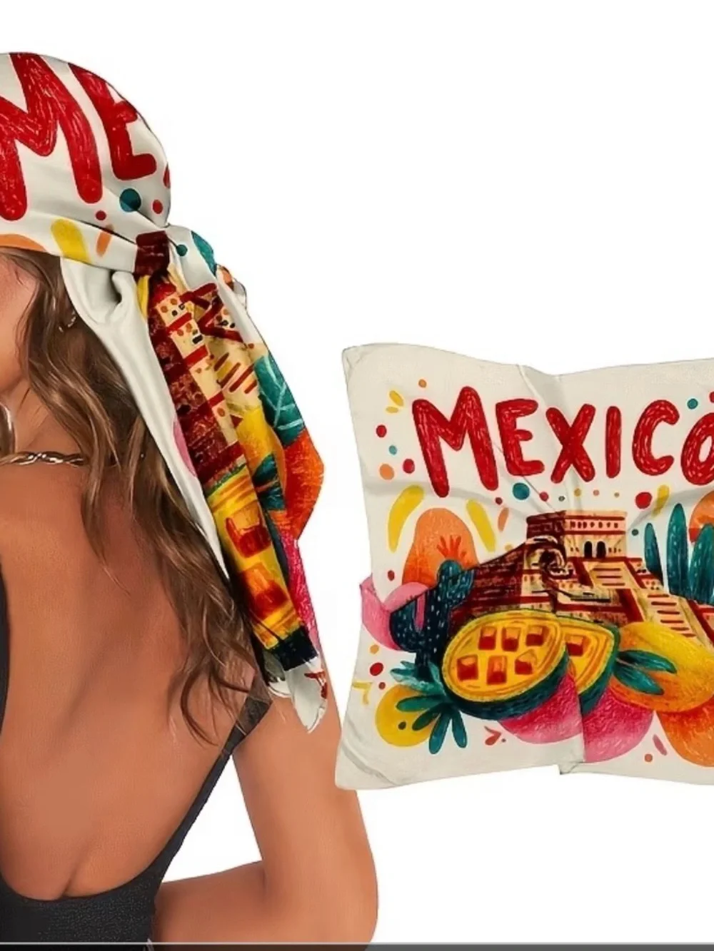 Silk-Feel Mexico Print Head Scarf - White Multi
